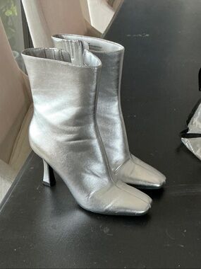 Metallic Silver Square-Toe Ankle Boots with High Heel